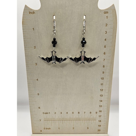 Bat Earrings Black Wings Handmade Handpainted Horror Spooky - Picture 2 of 5
